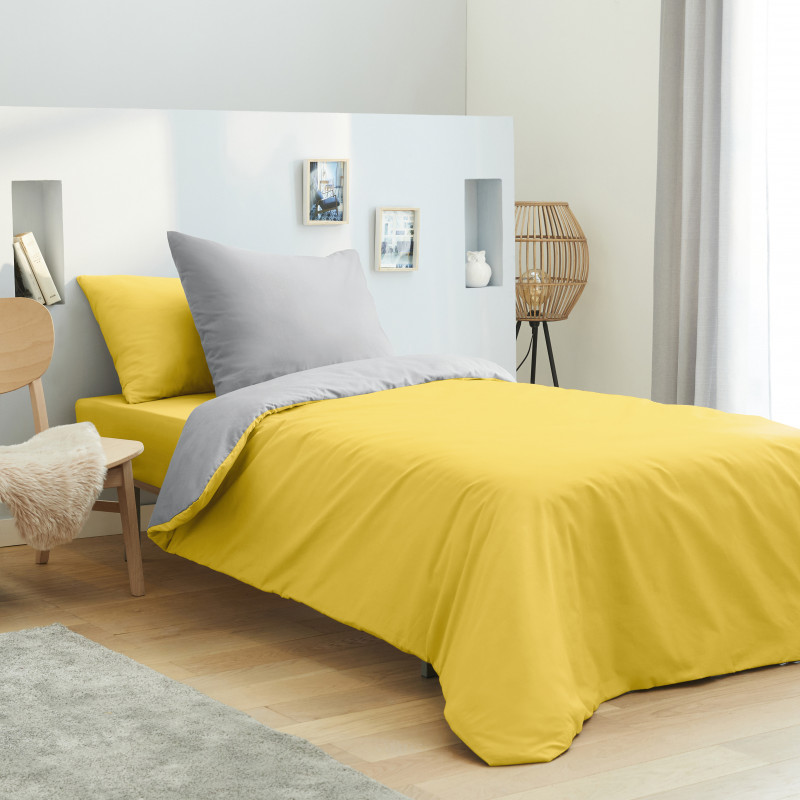 Pack complet 4 pièces Jonquille/Gris housse de couette pour lit 90 x 190 cm 100% coton / 57 fils/cm²