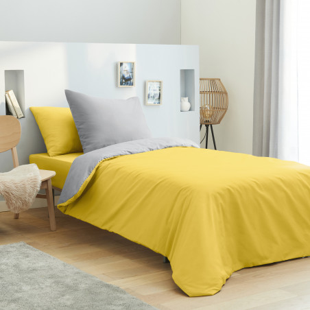 Pack complet 4 pièces Jonquille/Gris housse de couette pour lit 90 x 190 cm 100% coton / 57 fils/cm²