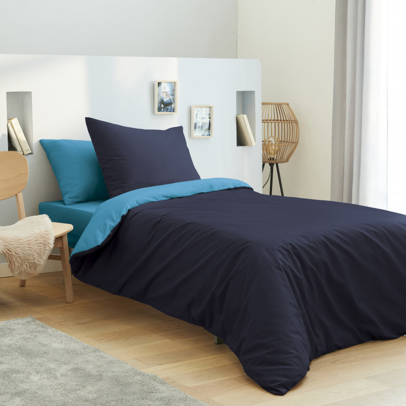 Pack complet 4 pièces Marine/Turquoise housse de couette pour lit 90 x 190 cm 100% coton / 57 fils/cm²