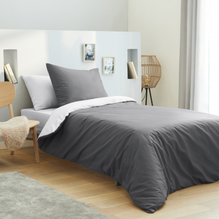 Pack complet 4 pièces Anthracite/Blanc housse de couette pour lit 90 x 190 cm 100% coton / 57 fils/cm²