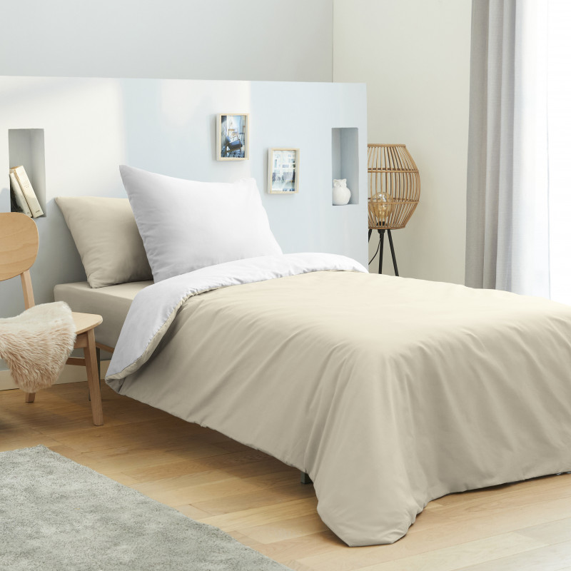 Pack complet 4 pièces Lin/Blanc housse de couette pour lit 90 x 190 cm 100% coton / 57 fils/cm²