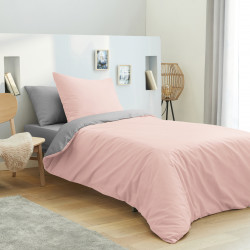 Pack complet 4 pièces Rose/Gris housse de couette pour lit 90 x 190 cm 100% coton / 57 fils/cm²