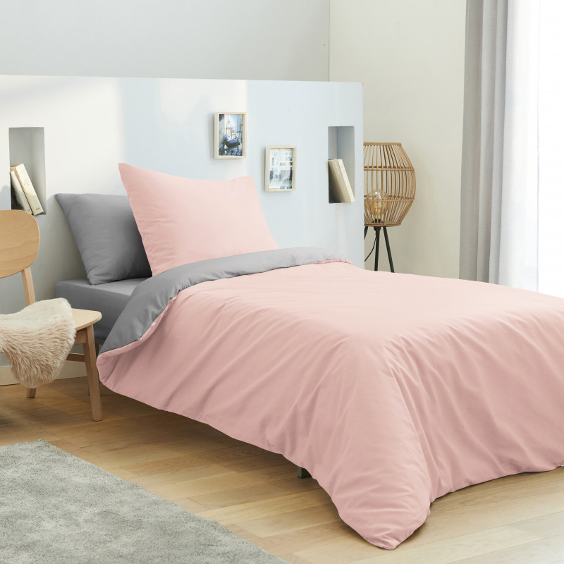 Pack complet 4 pièces Rose/Gris housse de couette pour lit 90 x 190 cm 100% coton / 57 fils/cm²