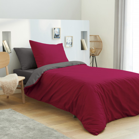 Pack complet 4 pièces Rouge/Taupe housse de couette pour lit 90 x 190 cm 100% coton / 57 fils/cm²