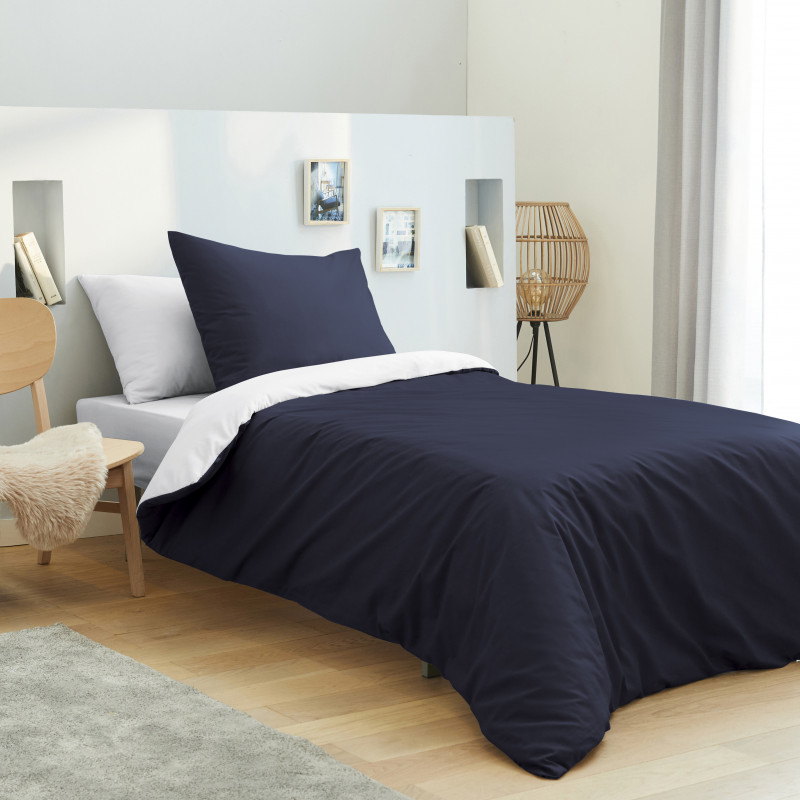 Pack complet 4 pièces Marine/Blanc housse de couette pour lit 90 x 190 cm 100% coton / 57 fils/cm²
