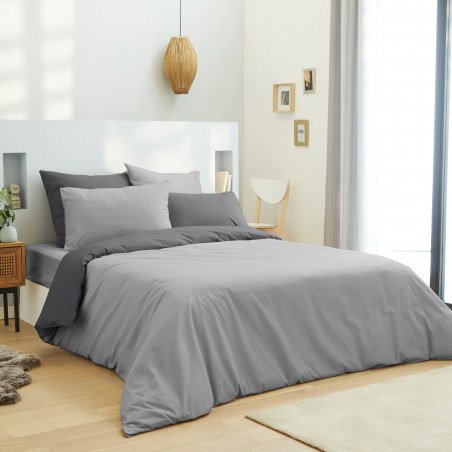 Pack complet 6 pièces Gris/Anthracite housse de couette pour lit 140 x 190 cm 100% coton / 57 fils/cm²