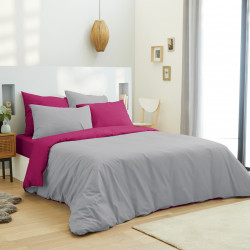 Pack complet 6 pièces Gris/Fushia housse de couette pour lit 140 x 190 cm 100% coton / 57 fils/cm²