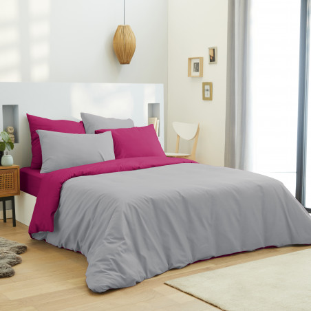 Pack complet 6 pièces Gris/Fushia housse de couette pour lit 140 x 190 cm 100% coton / 57 fils/cm²