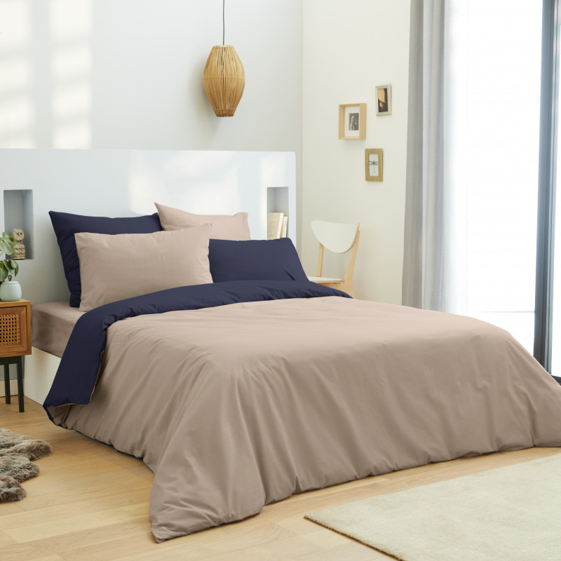 Pack complet 6 pièces Lin/Marine housse de couette pour lit 160 x 200 cm 100% coton / 57 fils/cm²