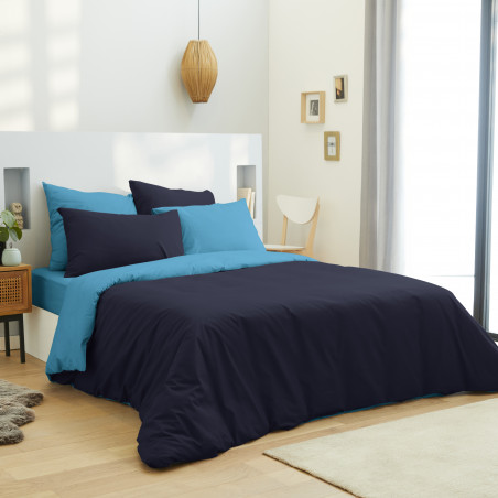 Pack complet 6 pièces Marine/Turquoise housse de couette pour lit 180 x 200 cm "King size" 100% coton / 57 fils/cm²