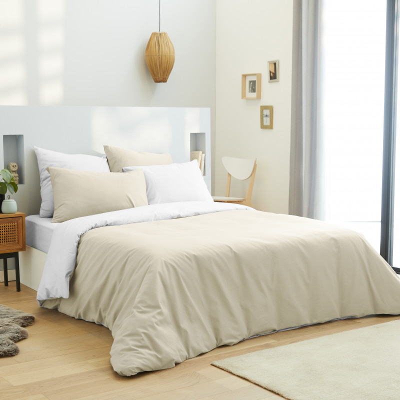Pack complet 6 pièces Lin/Blanc housse de couette pour lit 180 x 200 cm "King size" 100% coton / 57 fils/cm²
