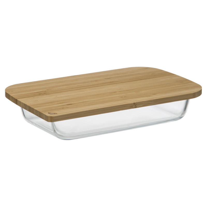 Plat en verre Borosilicate 29 x 18 cm avec couvercle bambou Atmosphera
