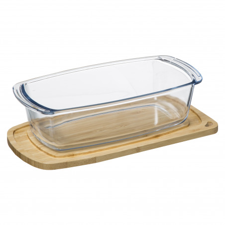 Plat à cake en verre Borosilicate 27 x 14 cm avec couvercle bambou Atmosphera