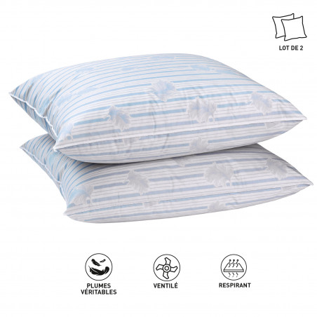 Lot de 2 oreillers plumes véritables 60 x 60 "Blanc rêve"