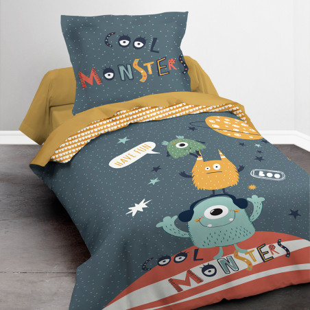 Parure de couette 140 x 200 "Monsters" Réversible 100% Coton / 57 Fils/cm²