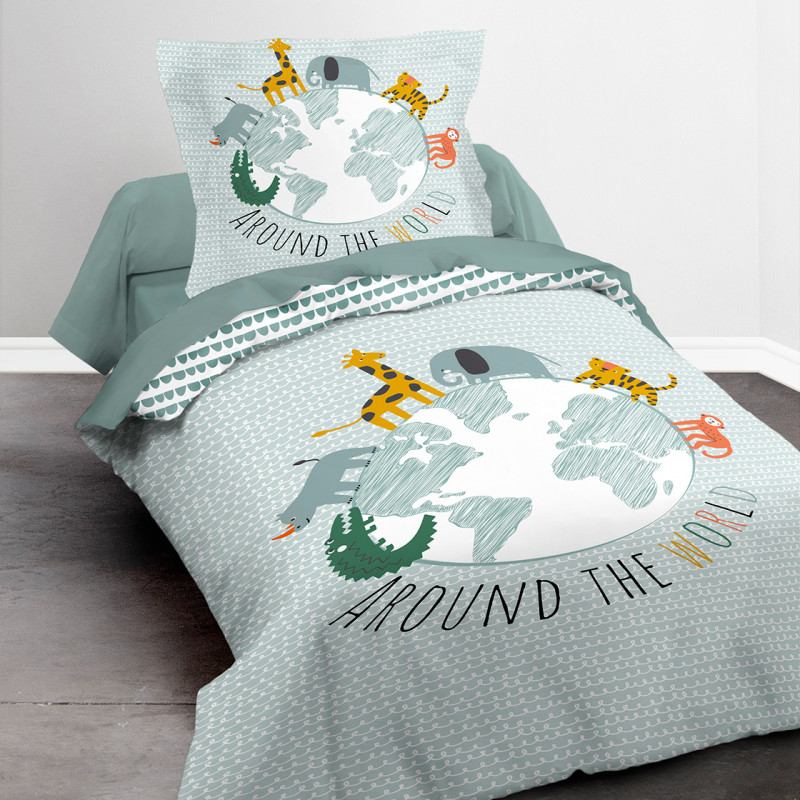 Parure de couette 140 x 200 "Around the world" Réversible 100% Coton / 57 Fils/cm²