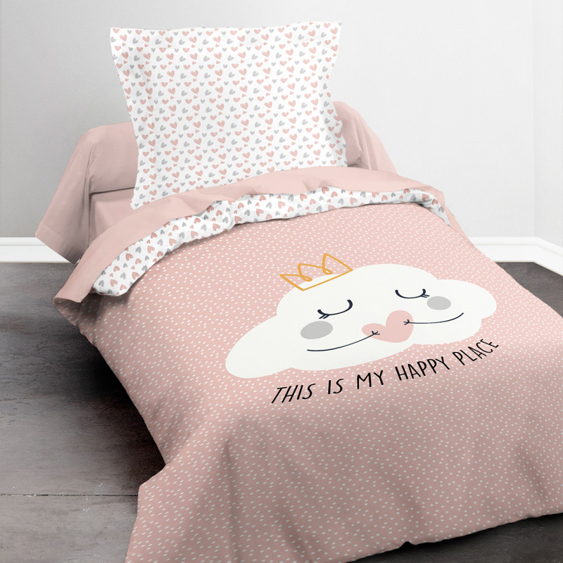 Parure de couette 140 x 200 "My happy place" Réversible 100% Coton / 57 Fils/cm²