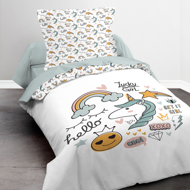Parure de couette 140 x 200 "Lucky Girl" Réversible 100% Coton / 57 Fils/cm²