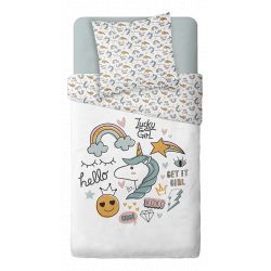 Parure de couette 140 x 200 "Lucky Girl" Réversible 100% Coton / 57 Fils/cm²