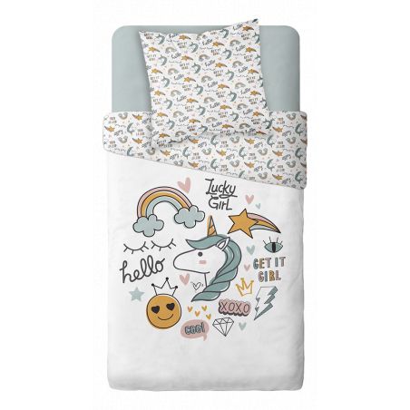 Parure de couette 140 x 200 "Lucky Girl" Réversible 100% Coton / 57 Fils/cm²