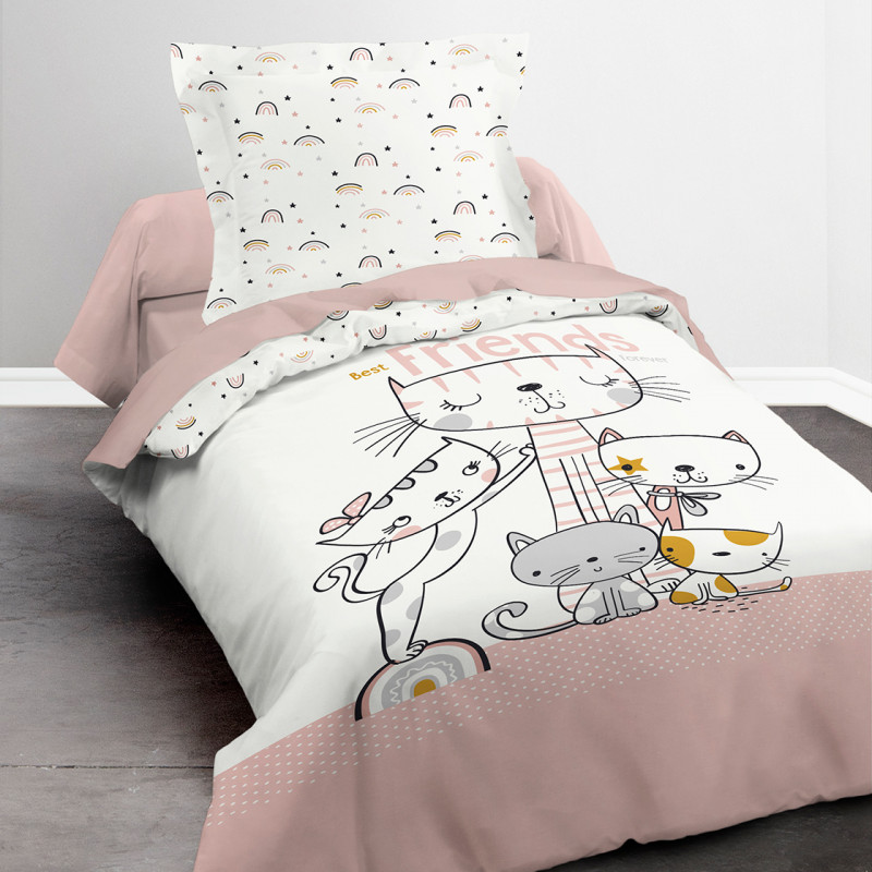 Parure de couette 140 x 200 "Best Friends" Réversible 100% Coton / 57 Fils/cm²