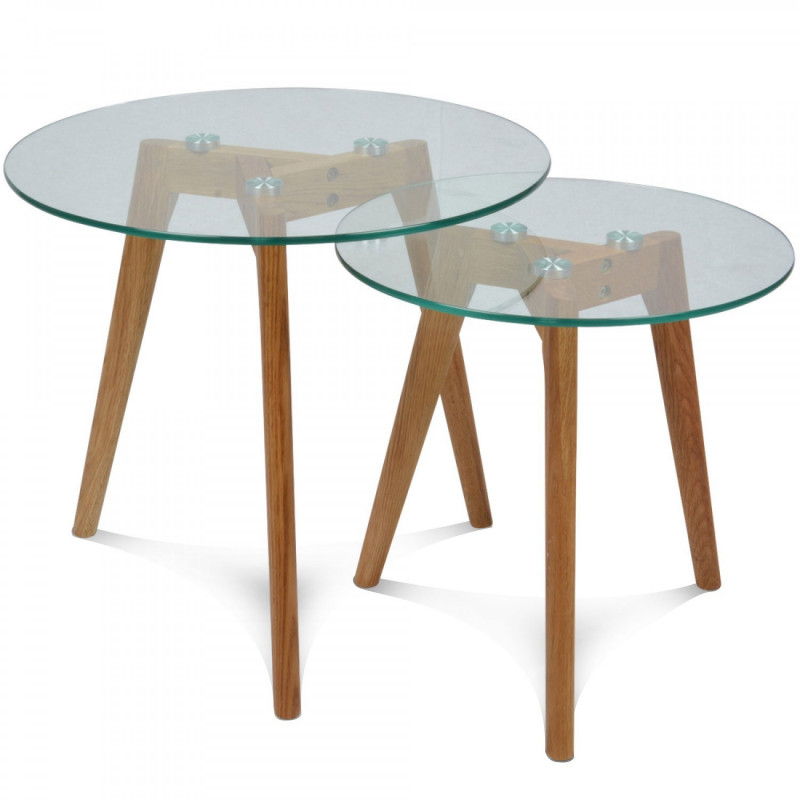 Lot de 2 tables basses gigognes en verre trempé et bois d'hévéa Opjet