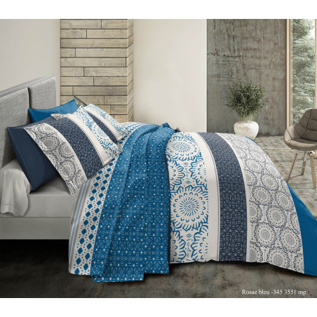Pack complet Rosae Bleu housse de couette pour lit 140 x 190 cm 100% coton / 57 fils/cm²