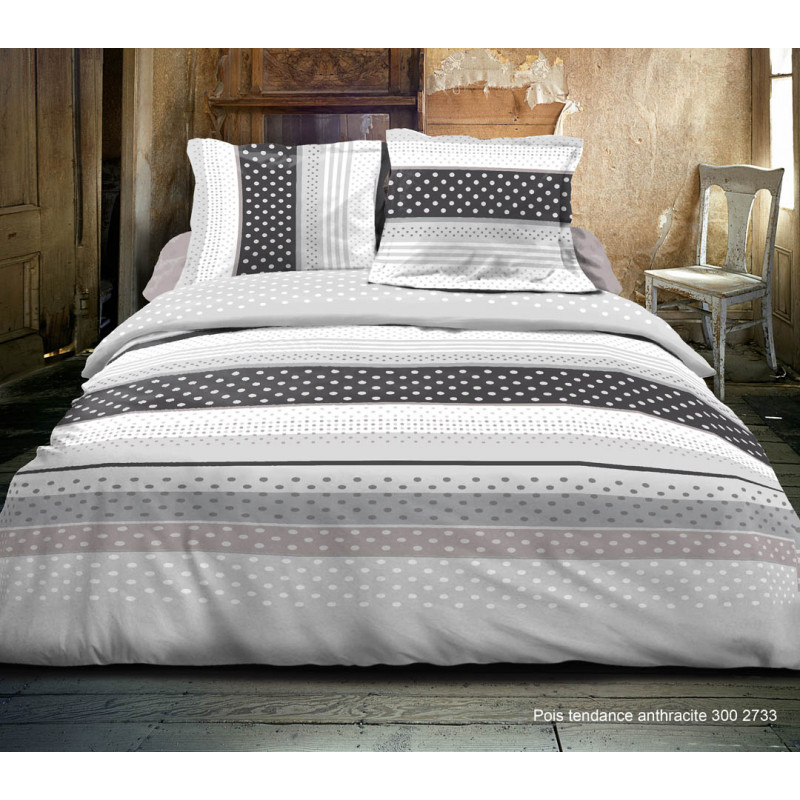 Pack complet Pois Tendance Anthracite housse de couette pour lit 140 x 190 cm 100% coton / 57 fils/cm²