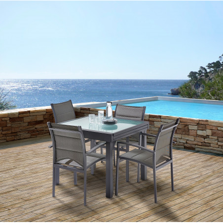 Salon de jardin Ensemble Modulo T 4 / 8  + F 4 Full Verre Gris Anthracite Wilsa Garden