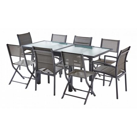 Salon de jardin Ensemble Modulo T 4 / 8 + F 4 + C 4 Full Verre Gris Anthracite Wilsa Garden