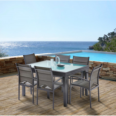 Salon de jardin Ensemble Modulo T 6 / 10 + F 6 Full Verre Gris Anthracite Wilsa Garden