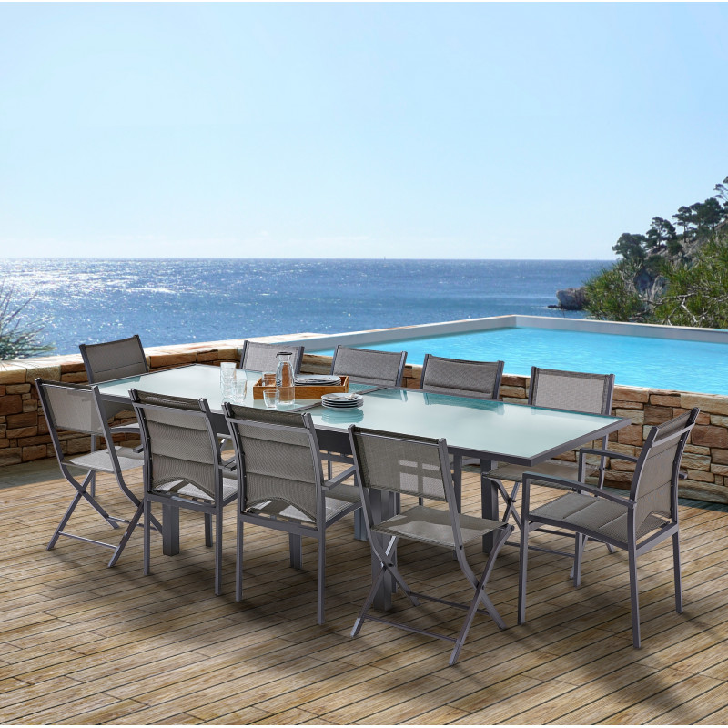 Salon de jardin Ensemble Modulo T 6/10 + F 6 + C 4 Full Verre Gris Anthracite Wilsa Garden