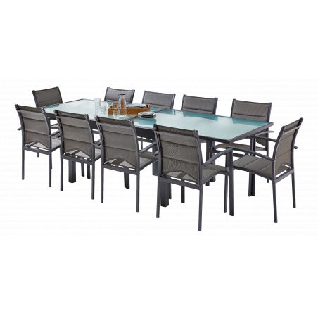Salon de jardin Ensemble Modulo T 6/10 + F 10 Full Verre Gris Anthracite Wilsa Garden