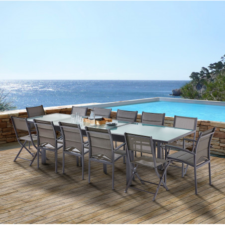 Salon de jardin Ensemble Modulo T 8/12 + F 8 + C 4 Full Verre Gris Anthracite Wilsa Garden