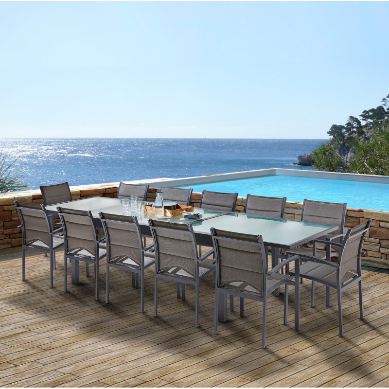 Salon de jardin Ensemble Modulo T 8/12 + F 12 Full Verre Noir Wilsa Garden