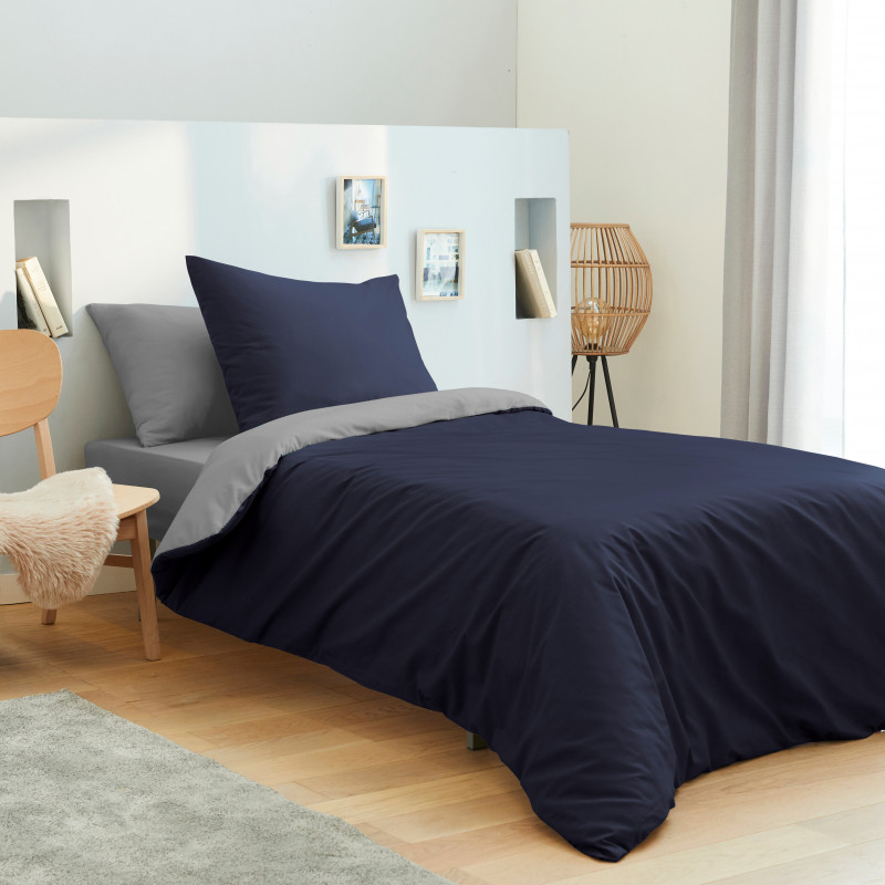 Pack complet 4 pièces Marine/Gris housse de couette pour lit 90 x 190 cm 100% coton / 57 fils/cm²