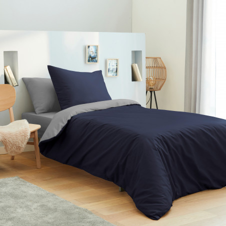 Pack complet 4 pièces Marine/Gris housse de couette pour lit 90 x 190 cm 100% coton / 57 fils/cm²