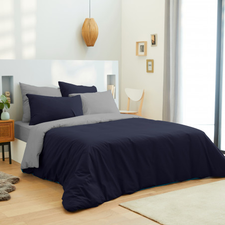 Pack complet 6 pièces Marine/Gris housse de couette pour lit 140 x 190 cm 100% coton / 57 fils/cm²