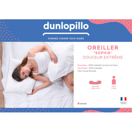 Lot de 2 Oreillers 60 x 60 cm Dunlopillo "Sophie" Douceur extrême