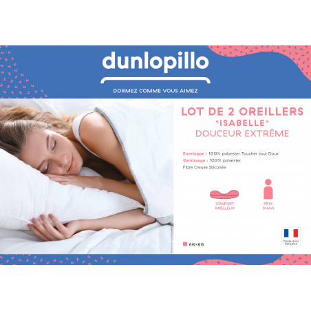 Lot de 2 Oreillers 60 x 60 cm Dunlopillo "Isabelle" Douceur extrême