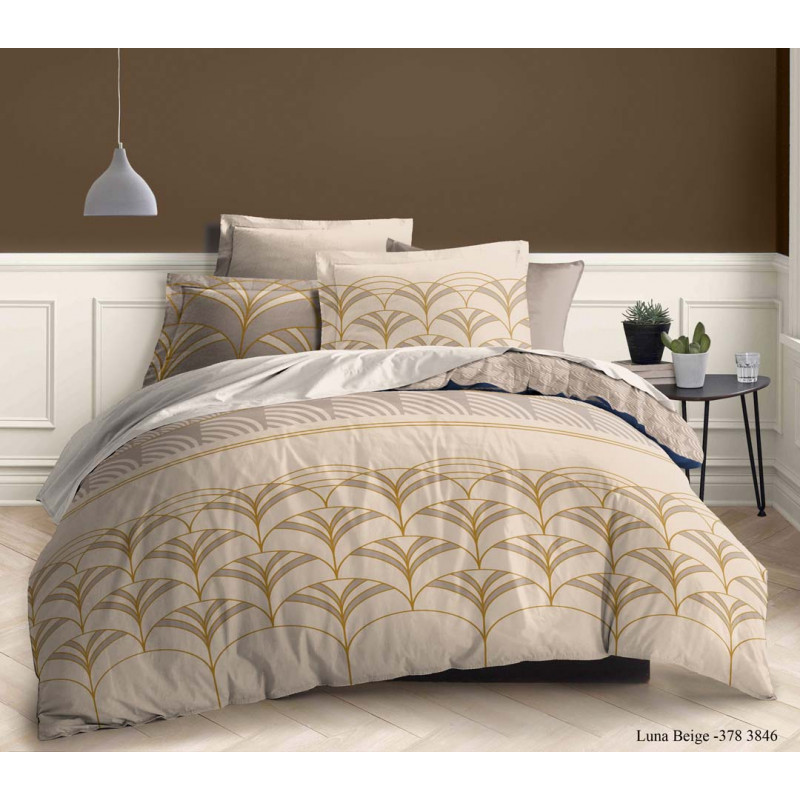 Pack complet Luna Beige housse de couette pour lit 140 x 190 cm 100% coton / 57 fils/cm²