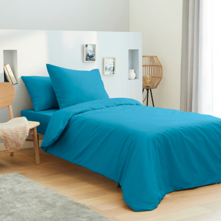 Pack complet 4 pièces Turquoise housse de couette pour lit 90 x 190 cm 100% coton / 57 fils/cm²