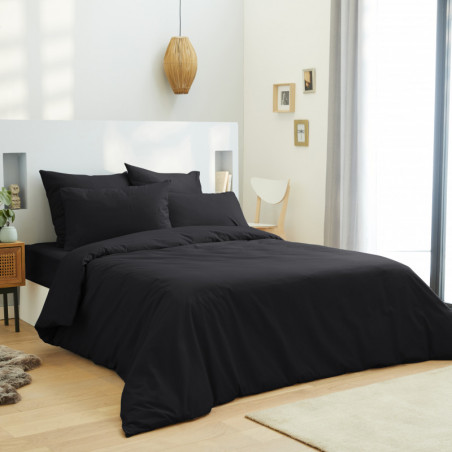 Parure de draps 4 pièces Unicolore Noir pour lit 140 x 190 cm 100% coton / 57 fils/cm²