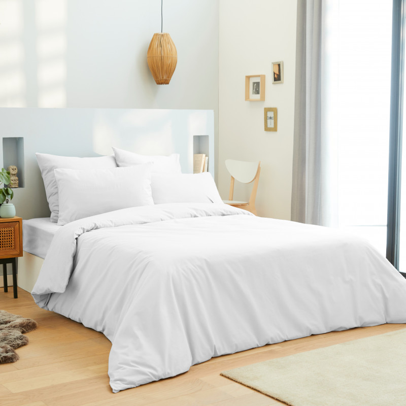 Parure de draps 4 pièces Unicolore Blanc pour lit 160 x 200 cm "Grande Largeur" 100% coton / 57 fils/cm²