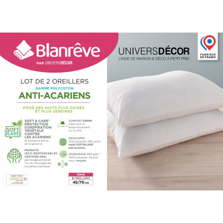 Lot de 2 oreillers 45 x 70 cm Gamme Polycoton "Confort" traité Anti Acarien Soft & care Blanrêve