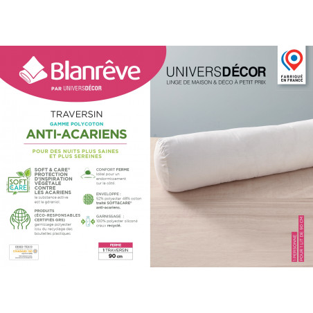 Polochon lit 90 x 190 cm Gamme Polycoton "Confort" traité Anti Acarien Soft & care Blanrêve