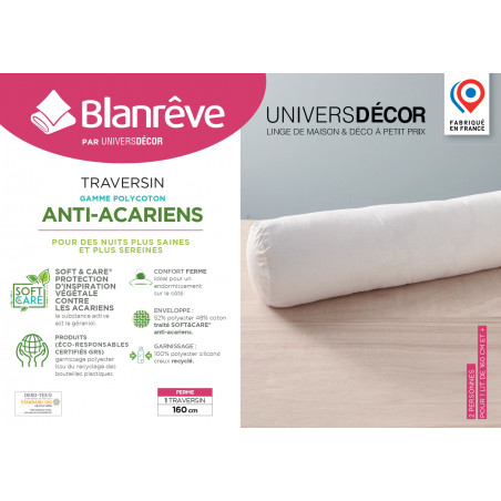 Polochon lit 160 x 200 cm Gamme Polycoton "Confort" traité Anti Acarien Soft & care Blanrêve