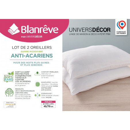 Lot de 2 oreillers 45 x 70 cm Gamme Microfibre "Douceur" traité Anti Acarien Soft & care Blanrêve