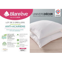 Lot de 2 oreillers 60 x 60 cm Gamme Microfibre "Douceur" traité Anti Acarien Soft & care Blanrêve