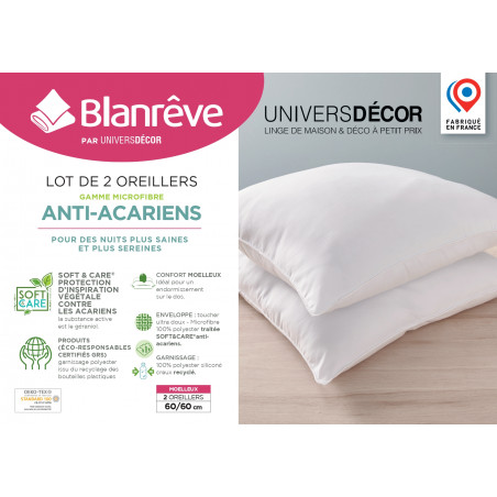 Lot de 2 oreillers 60 x 60 cm Gamme Microfibre "Douceur" traité Anti Acarien Soft & care Blanrêve